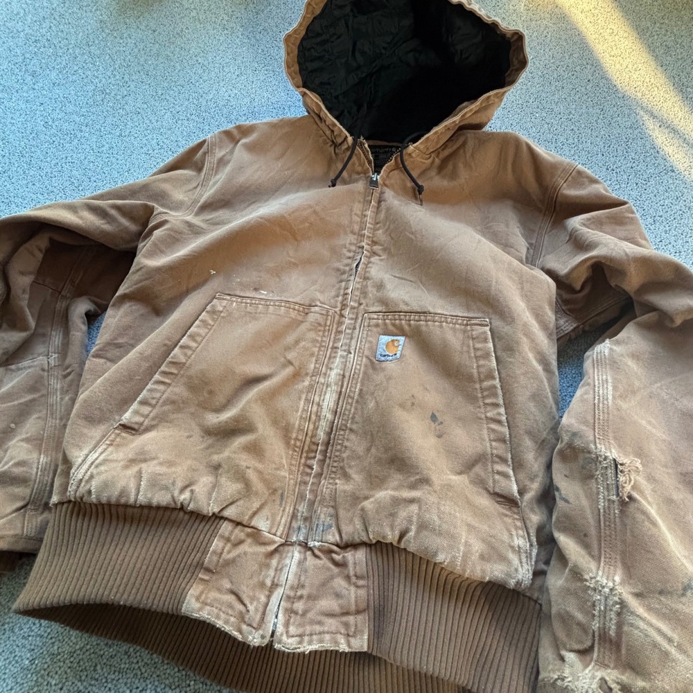 Carhartt J130-M Jacket Mens L Brown Hood 3M Paint Oil Distressed Grunge Workwear